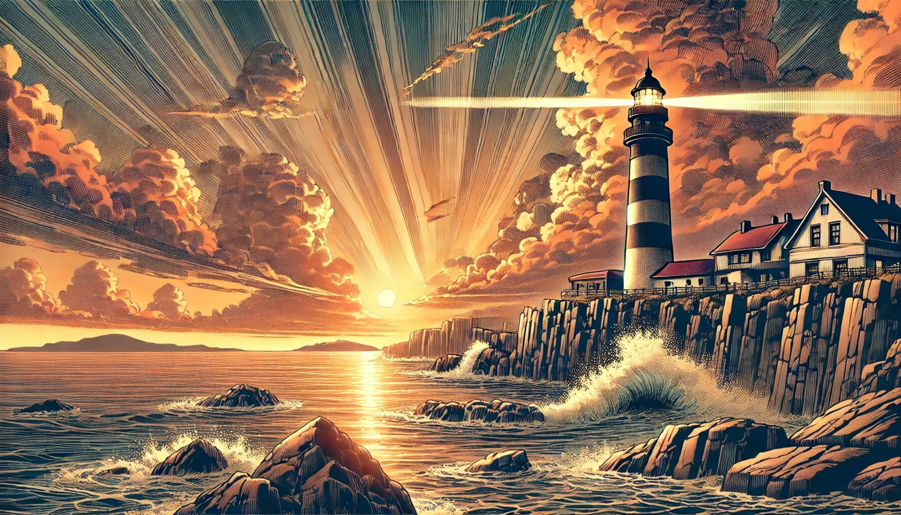 Image créée par une IA représentant un phare le long d'un littoral dans un style manga.