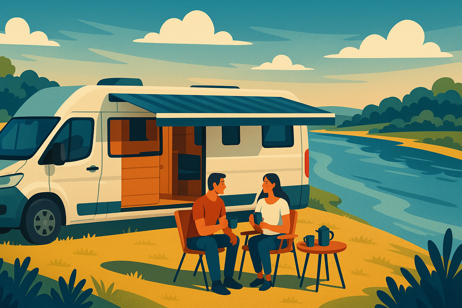 Couple de voyageurs faisant du camping au bord d'un fleuve.