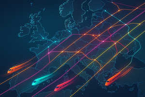 Image représentant une carte de l'Europe et des lignes de train reliant les principales villes